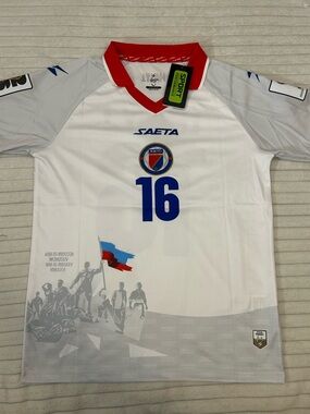 Men’s Haiti #16 White Soccer Jersey with Red Collar
